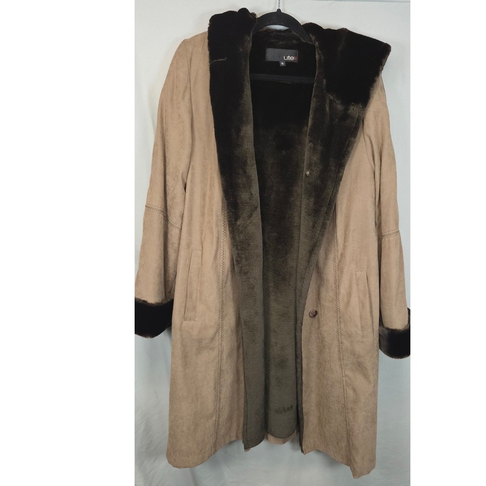 Utex Faux Suede Hooded Coat Women P/S Tan Faux Fur Trim Y2K